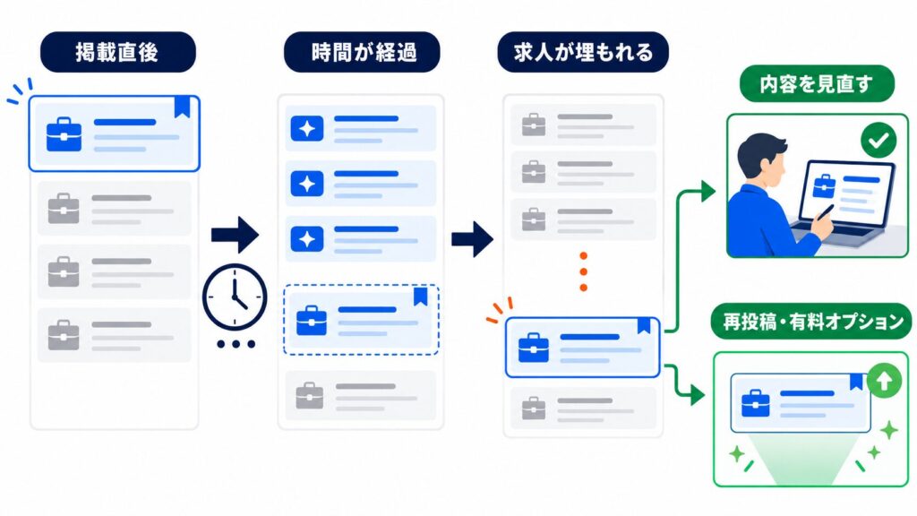 求人が埋もれやすく、継続的な応募獲得には工夫が必要